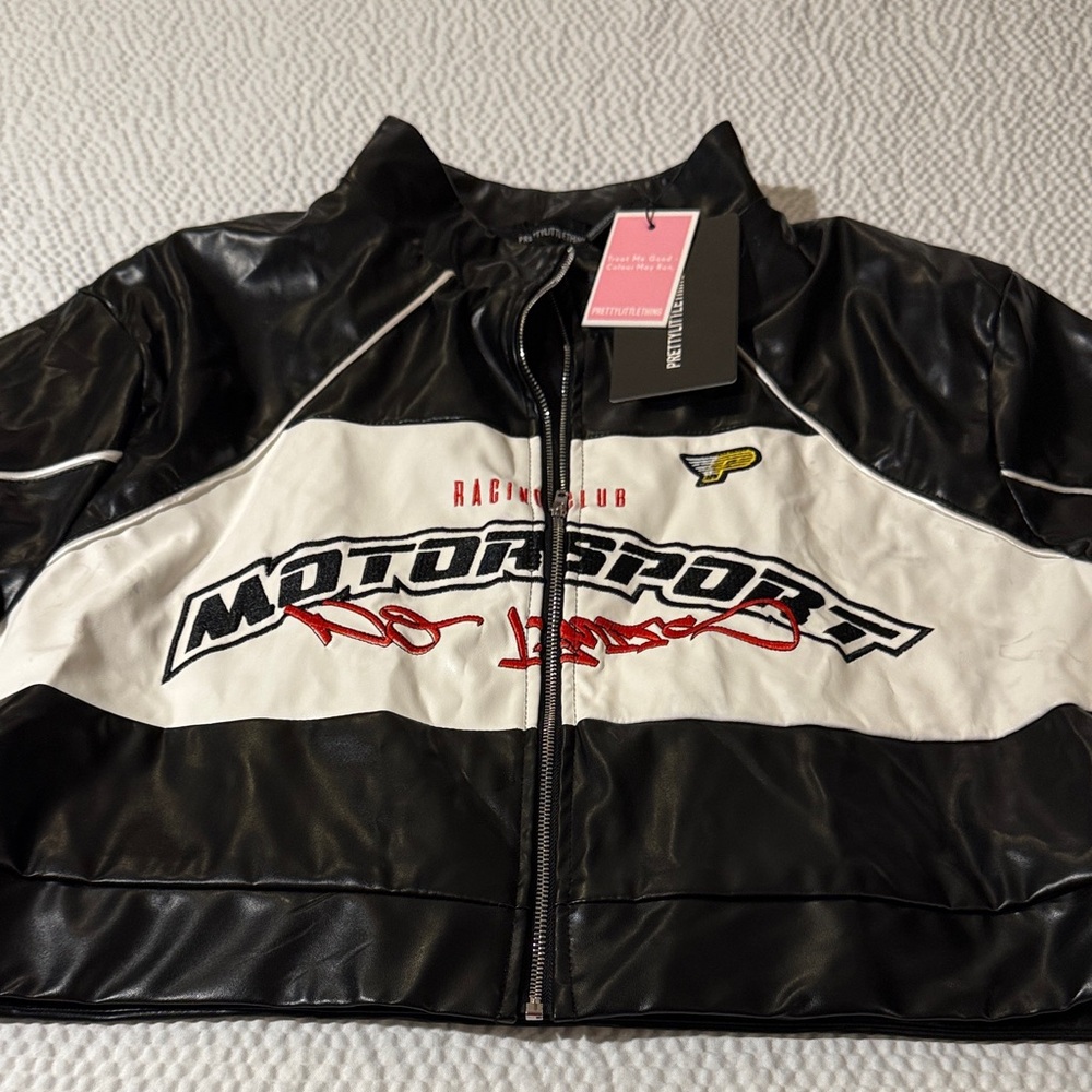 PrettyLittleThing Black and White Leather Motorsport Jacket NWT